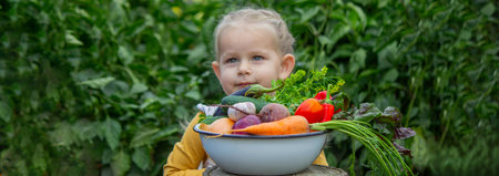 A little girl holds a large bowl of freshly picked, organic vegetables from the gardenの写真素材