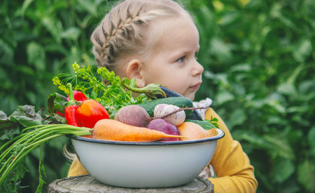A little girl holds a large bowl of freshly picked, organic vegetables from the gardenの写真素材
