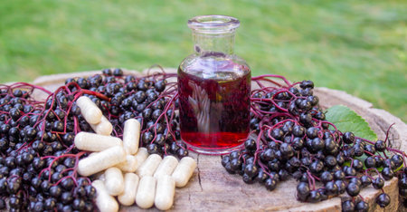 Elderberry berries, syrup, and herbal supplement capsules for natural cold and flu remedyの写真素材