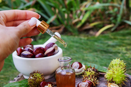 Dropping Aesculus extract oil from a pipette into a bottle with fresh horse chestnuts and mortar.の写真素材