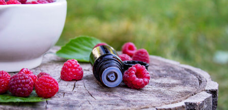 Fresh raspberries in a mortar with a bottle of natural herbal extract or essential oil outdoorsの写真素材