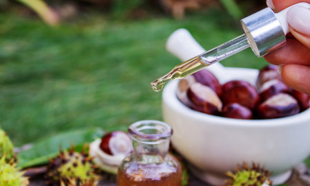 Dropping Aesculus extract oil from a pipette into a bottle with fresh horse chestnuts and mortar.の写真素材