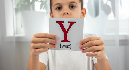 Boy presenting a flashcard with the letter Y and its phonetic transcription for studying.の写真素材