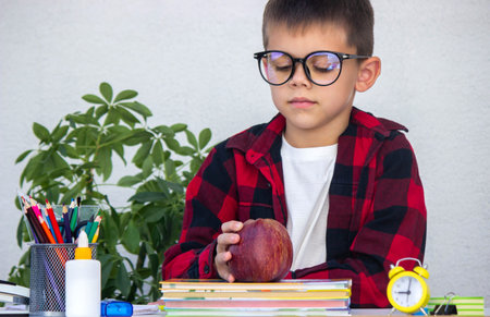 Happy, smart boy in glasses holding a stack of books and a red apple for school