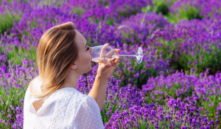Woman with a glass of wine having a picnic in a lavender field at sunset.の写真素材