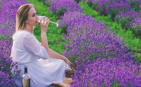 Woman with a glass of wine having a picnic in a lavender field at sunset.の写真素材