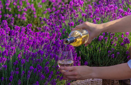Woman in white dress at picnic in lavender field holding a glass.の写真素材