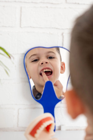 A boy looks into a mirror in the shape of a tooth and shows which tooth hurts