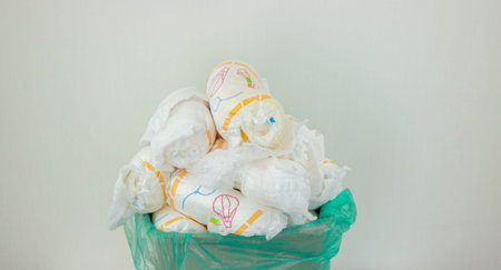 Used baby diapers in a trash bag, concept of childcare and environmental impact.の写真素材