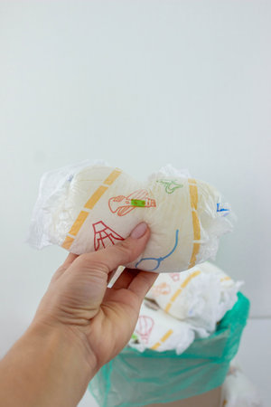 Hand used throwing diaper into trash bin, concept of hygiene and waste disposal.の写真素材