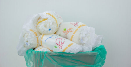 Used baby diapers in a trash bag, concept of childcare and environmental impact.