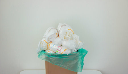 Used baby diapers in a trash bag, concept of childcare and environmental impact.の写真素材