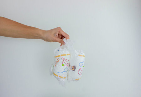 Hand used throwing diaper into trash bin, concept of hygiene and waste disposal.