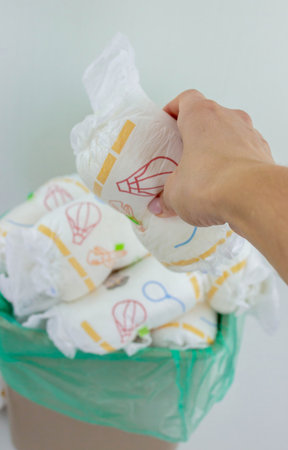 Hand used throwing diaper into trash bin, concept of hygiene and waste disposal.の写真素材