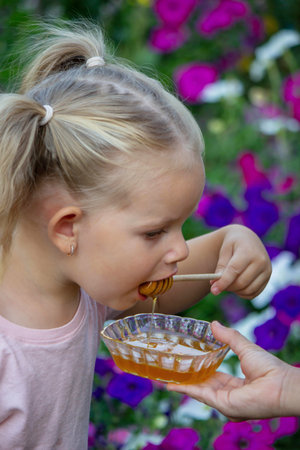 Little girl eating natural honey with a dipper in a blooming summer garden.