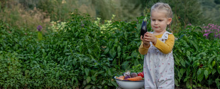 Little girl holding eggplant near bowl of vegetables, harvesting in the garden concept.の写真素材