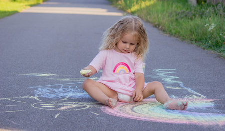 Cute little girl drawing a colorful rainbow with chalk on the asphalt road.の写真素材