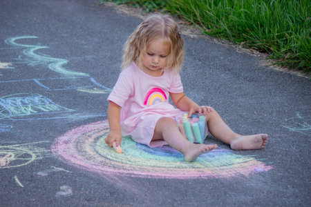 Cute little girl drawing a colorful rainbow with chalk on the asphalt road.の写真素材