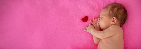 Newborn baby girl sleeping on pink blanket with a small red heart - Valentine's day conceptの写真素材