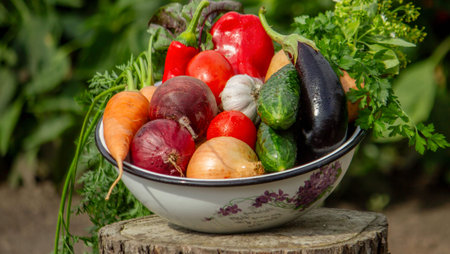 Fresh harvest of vegetables in a bowl on a tree stump in the garden.