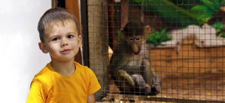 Little boy standing near a monkey cage at the zoo