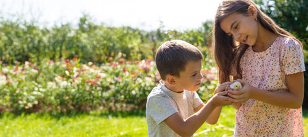 Children holding a small yellow baby chick on a green lawn on a sunny dayの写真素材