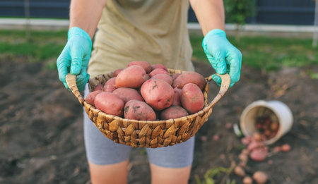 Fresh harvest of red potatoes in a wicker basket on a farm backgroundの写真素材