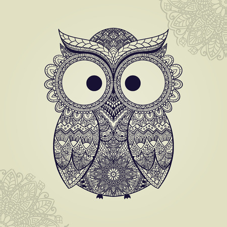 Vector illustration of owl. Bird illustrated in tribal.Owl whith flowers on light background. Shaped and ornamental owl.のイラスト素材