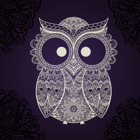 Vector illustration of owl. Bird illustrated in tribal.Owl whith flowers on light background. Shaped and ornamental owl.のイラスト素材