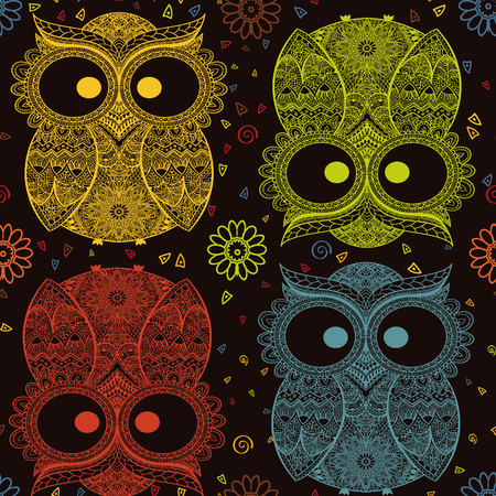 Vector illustration of owl. Bird illustrated in tribal.Owl whith flowers on dark background. Colored and ornamental owl.のイラスト素材