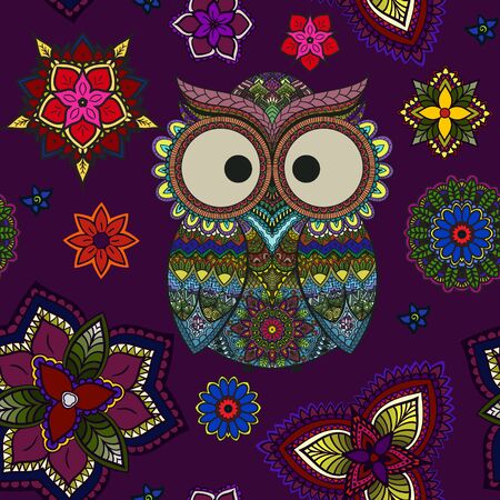 Vector illustration of owl. Bird illustrated in tribal.Owl whith flowers on light background. Shaped and ornamental owl.のイラスト素材