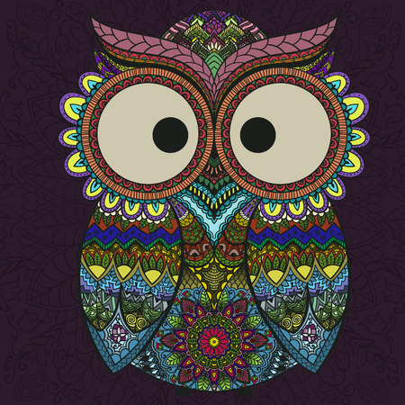Ornamental indian owl on the patterned dark background.のイラスト素材