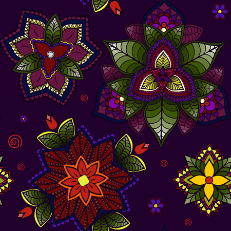 Flowers ornament seamless background with hand drawn elements on darkのイラスト素材
