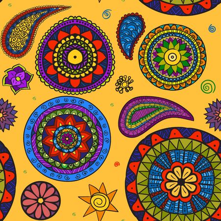 Vector beautiful floral and Paisley traditional ornament seamles pattern with flowers on yellowのイラスト素材