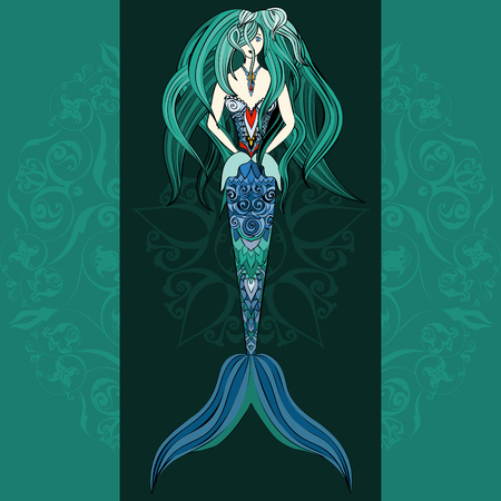 Hand drawn Ornamental Mermaid.  Fairy-tale vector character of mermaid. Doodle Mermaid.のイラスト素材