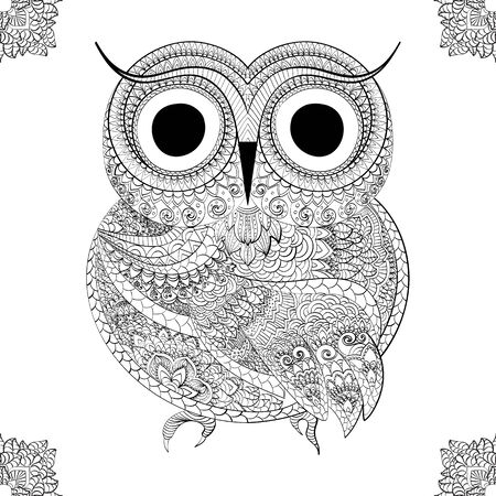 Vector illustration of owl. Bird illustrated in tribal.Owl whith flowers on light background. Shaped and ornamental owl.のイラスト素材