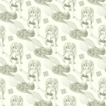 Hand drawn Ornamental Mermaid.  Fairy-tale vector character of mermaid. Doodle Mermaid. Seamless pattern with mermaidのイラスト素材