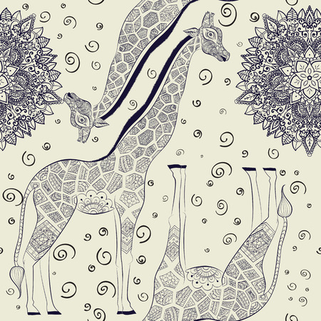 Beautiful adult Giraffe. Hand drawn Illustration of ornamental giraffe.  isolated giraffe on white background. Seamless pattern from an ornamental giraffe on lightのイラスト素材