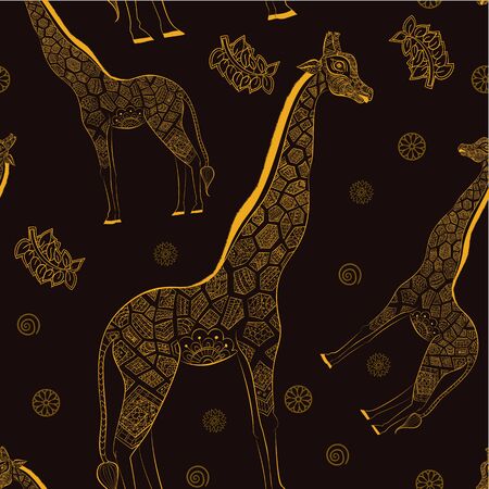 Beautiful adult Giraffe. Hand drawn Illustration of ornamental giraffe.  isolated giraffe on dark background. Seamless pattern from an ornamental giraffe on lightのイラスト素材