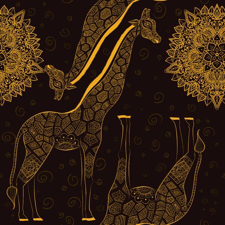 Beautiful adult Giraffe. Hand drawn Illustration of ornamental giraffe.  isolated giraffe on dark background. Seamless pattern from an ornamental giraffe on lightのイラスト素材