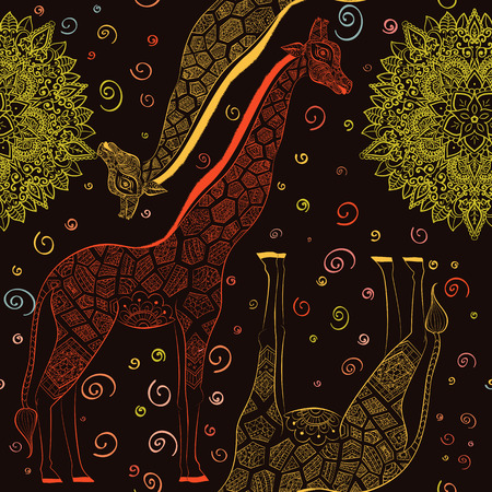 Beautiful adult Giraffe. Hand drawn Illustration of ornamental giraffe.  isolated giraffe on dark background. Seamless pattern from an ornamental giraffe on lightのイラスト素材