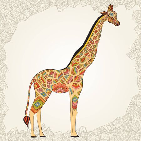 Beautiful adult Giraffe. Hand drawn Illustration of ornamental giraffe.  Colored giraffe on light background.のイラスト素材