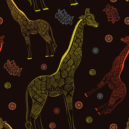 Beautiful adult Giraffe. Hand drawn Illustration of ornamental giraffe.  isolated giraffe on dark background. Seamless pattern from an ornamental giraffe on lightのイラスト素材