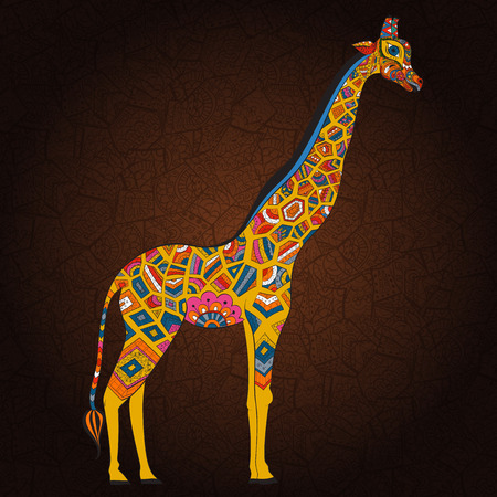 Beautiful adult Giraffe. Hand drawn Illustration of ornamental giraffe.  Colored giraffe on dark brown background.のイラスト素材