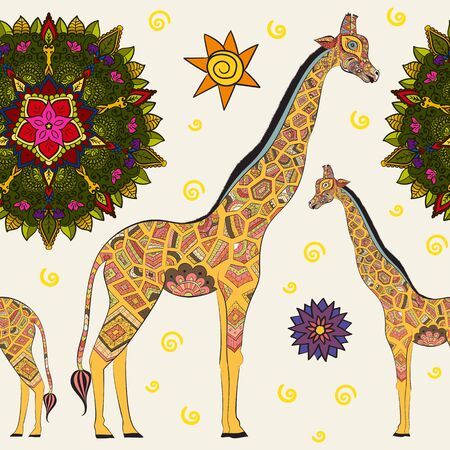 Beautiful adult Giraffe. Hand drawn Illustration of ornamental giraffe.  isolated giraffe on white background. Seamless pattern from an ornamental giraffe on lightのイラスト素材