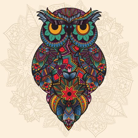 Vector illustration of owl. Bird illustrated in tribal.Owl whith flowers on light background. Shaped and ornamental owl.のイラスト素材