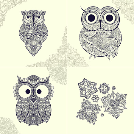 illustration of ornamental owl. Bird illustrated in tribal.Owl whith flowers on light background. Shaped and ornamental owl. Set of ornamental owls with flowers and pattern from owls.の写真素材