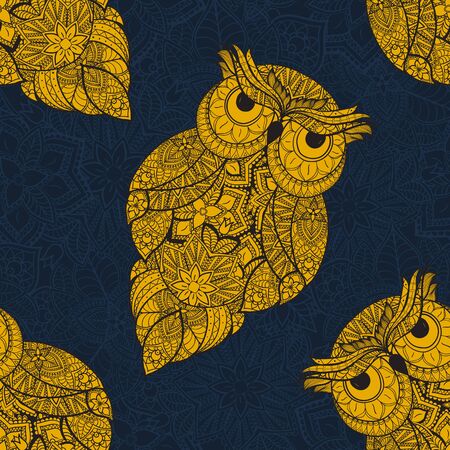 illustration of ornamental owl. Bird illustrated in tribal.Owl whith flowers on dark blue background. Shaped and ornamental owl.の写真素材