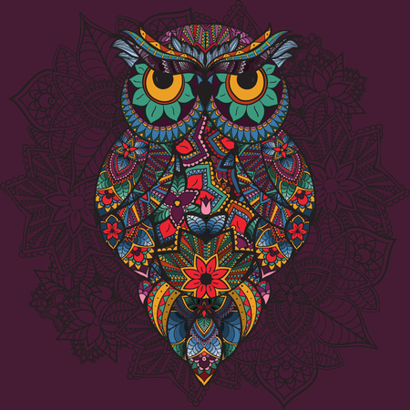 illustration of owl. Bird illustrated in tribal. Owl whith flowers on dark background. Shaped and ornamental owl.の写真素材