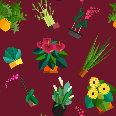 Seamless pattern of houseplants, indoor and office plants in pot. Dracaena, fern, bamboo, spathyfyllium, orchids, Calla lily, aloe vera, gerbera, snake plant, anthuriums. Flat seamless plants,  icon setのイラスト素材